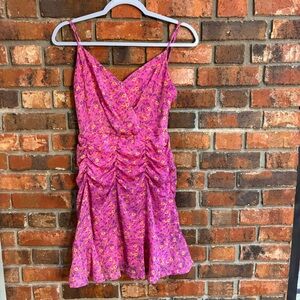 All In Favor womens floral ruched mini sundress with spaghetti straps pink M